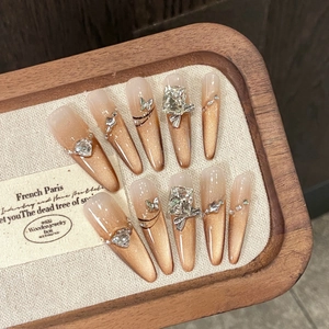 Handmade Amber Gold Brown Cat Eye Press On Nails With K9 Rhinestone Butterfly Decor Long Stiletto Fake Nails For Women