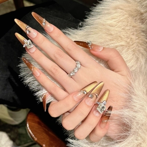 Golden cat eye and brown gradient handmade press-on nails with k9 rhinestones and gems