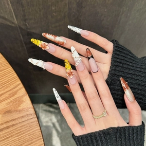Faux ongles stiletto longs avec fleurs 3D et motifs œil de chat léopard marron