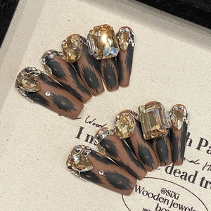 Matte Leopard Print Press On Nails With Rhinestones Handmade Long Coffin Fake Nails For Women Daily Party Manicure Gift