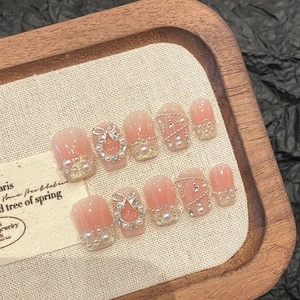 Handmade French Pink Gradient Press On Nails With Artificial Pearl Butterfly Bow Rhinestone Exquisite Wearable Nail Art Set For Women