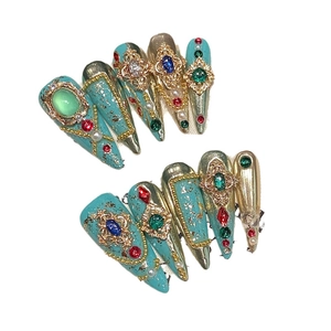 Handmade Baroque stiletto fake nails with gold foil, pearls and colorful rhinestones