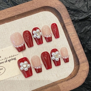 French Style Retro Red Artificial Pearl Flower Press On Nails Elegant Coffin Fake Nails With Rhinestones For Women Party Manicure