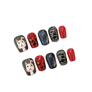 Kit de faux ongles lapin peints à la main avec thèmes féeriques sombres rouge et noir