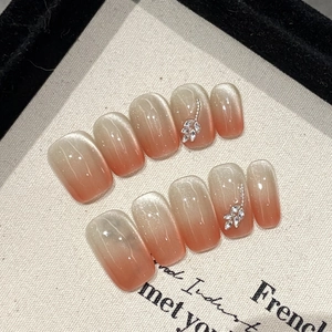 Handmade Orange Pink Gradient Cat Eye Press On Nails With Rhinestone Decoration Elegant Ice Transparent Nude Shimmering Fake Nails For Women Daily Party