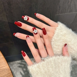 Deep wine red coffin press-on nails with 3D pearl flowers and elegant French pearl accents