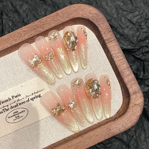 Faux Ongles à Presser Stiletto de Luxe Faits Main pour Mariage Rose Nude Or Oeil de Chat Papillon Strass pour Femme