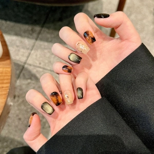 Handmade Press On Nails Maillard Amber Smudge Design With Cat Eye Effect Rhinestone Glossy Autumn Winter Fake Nails For Women