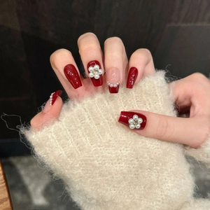 Romantic retro red pearl flower press-on nails with wine red finish and rhinestones