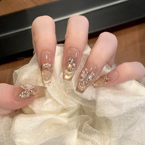 Handmade Long Coffin Press On Nails Champagne Gold Aurora 3D Butterfly Rhinestone Artificial Pearl Luxury Fashion Manicure Jewelry