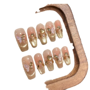 Champagne gradient press-on nails with 3D gold butterflies and pearls decoration