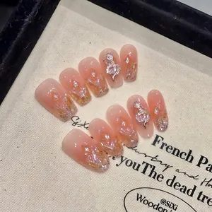Handmade Aurora Gradient Press On Nails With 3D Snake Music Note Alloy Rhinestone Charms Nude Pink False Nails For Women