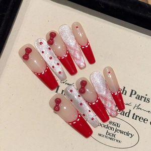 Handmade Long Coffin Press On Nails Wine Red Cat Eye French Style With 3D Bow Polka Dot Sweet Heart Dreamy Ball Fake Nails For Women