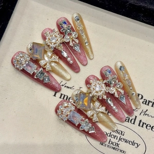 Luxurious Handmade Stiletto Press On Nails Pink Gold Cat Eye Design Rhinestone Artificial Pearl Snowflake Alloy Bow Fake Nails For Women