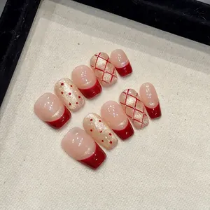 Handmade Red Champagne Gold Press On Nails French Tip Grid Pattern Polka Dot Short Coffin Fake Nails Festive Women Art Decor