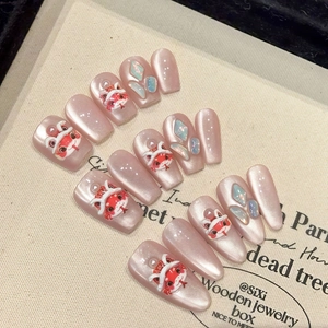 Handmade Press On Nails Chinese New Year Lion Dance Design Pink Cat Eye Effect With 3D Rhinestones Artificial Pearls Coffin Oval Shape