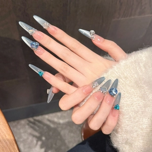 Long Stiletto Press On Nails Blue Cat Eye French Gradient Luxury Rhinestone Heart Jewelry Artificial Pearl Handmade Nails For Women