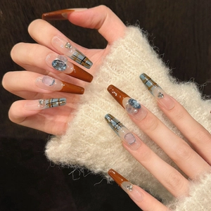 Handmade long ballerina press-on nails with plaid patterns and blue gemstone accents