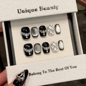 Handmade Black Silver Cat Eye Press On Nails With Artificial Pearl Rhinestone Quilt Pattern Luxury Short Square False Nails Set