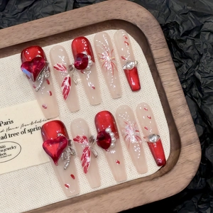 Handmade Red Butterfly Press On Nails Long Coffin 3D Heart Rhinestone Artificial Pearl Fake Nails 10PCS Set For Women Luxury Party Decor