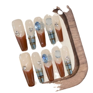French style dark chocolate plaid press-on nails with blue gems and rhinestone accents