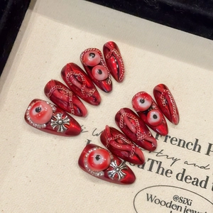 Dark Red Gothic Press On Nails 3D Eyeball Punk Cross Handmade Cat Eye Fake Nails For Halloween Party Women Fashion Accessories
