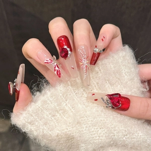 French wine red press-on nails with 3D heart gems and butterfly fireworks patterns