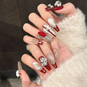 Deep red wine cat eye press-on nails with 3D white bow, pearls and crystals