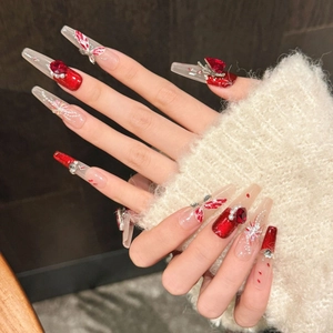 Extra long coffin press-on nails in burgundy red with 3D butterflies and rhinestones