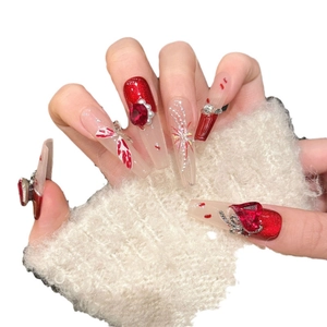 Long coffin burgundy press-on nails with 3D heart rhinestones and silver bows