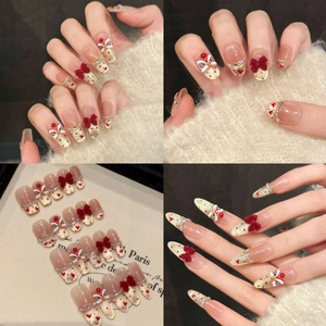 Unghie Finte Fatte a Mano Danza del Leone 3D Fiocco di Velluto Rosso Occhio di Gatto Oro Glitter Perla Artificial Cuore Gioielli Capodanno