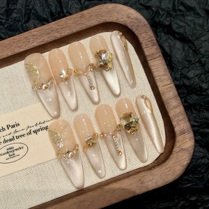 Handgefertigt Champagner Katzenauge Künstliche Nägel Lang Stiletto Luxus Strass Schmetterling French Style Damen Schmuck