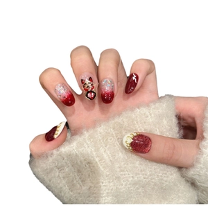 3D Lucky Cat press-on nails with red glitter and hand-painted festive golden patterns