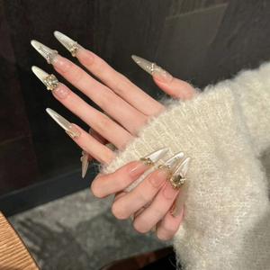 Handgefertigte Stiletto-Kunstnägel mit Champagner-Cat-Eye-Glitzer und Gold-Schmetterling
