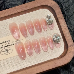 Handmade Cat Eye Press On Nails Gradient Nude Pink Oval Shape Fake Nails With Rhinestones For Women Party Daily Beauty