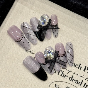 Handmade Press On Nails Purple Cat Eye French Tip Long Almond Fake Nails With Rhinestone Bowknot Diamond Lattice Women