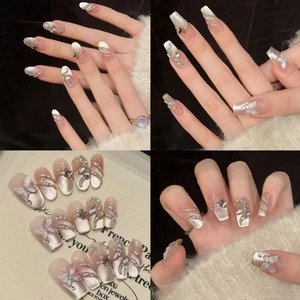 Handgefertigte Katzenauge Drucknägel Mit 3D Schmetterling Strass Künstliche Perle Design Luxus Französisch Stil Sarg Kunstnägel Damen