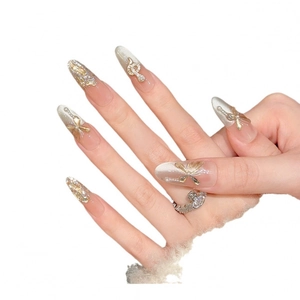 Handmade press-on nails with 3D butterfly, snake metal charms, and pink cat-eye gradient