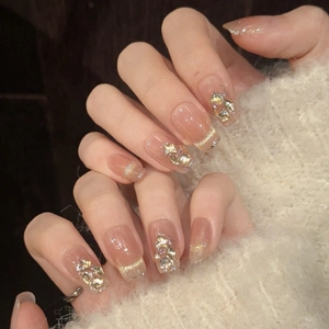 Faux Ongles à Coller Faits à la Main Œil de Chat Or Rose Champagne Design Élégant Carré Arrondi pour Femmes Décoration