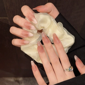 Elegant almond shaped cat eye press-on nails with soft pink gradient and shimmery finish
