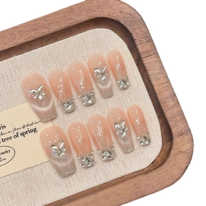 Handmade coffin cat-eye press-on nails with silver butterfly and shimmer finish
