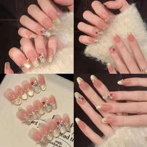 French Nude Pink Press On Nails With Artificial Pearl Gold Glitter Champagne Cat Eye Balloon Rhinestone Elegant False Nails For Women