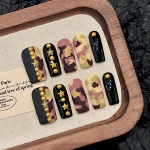 Faux Ongles Carré Long Faits à la Main Motif Camouflage Noir Or Étoile Décoration Ongles Réutilisables pour Femmes Art des Ongles