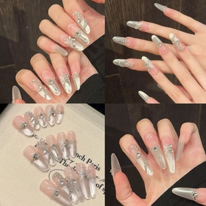 Faux Ongles à Presser de Luxe Faits à la Main Effet Œil de Chat Avec Papillon 3D Strass Croix Amande Longue Résine Femmes