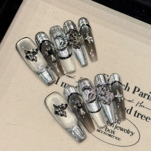 Gothic Punk Silver Mirror Cat Eye Press On Nails Alloy Cross Moon Star Charms Handmade Coffin Ballerina Fake Nail Set