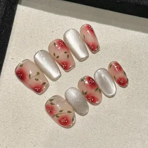 Handmade Cherry Cat Eye Press On Nails Wine Red Sweet Blush Style Floral Pattern Resin Fake Nails Set For Women Nail Art