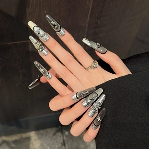 Silver punk press-on nails with 3D metal cross and rose relief in gothic coffin style