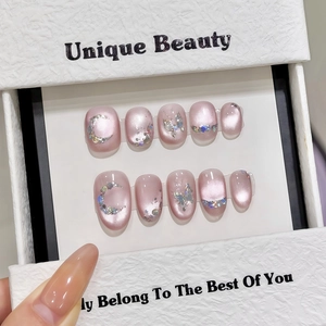 Handmade Pink Cat Eye Press On Nails With 3D Butterfly Moon Rhinestone Decorations Aesthetic Short Round Oval False Nails For Women