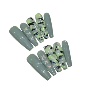 Handmade sage green camo press-on nails set in coffin shape with butterfly glitter designs
