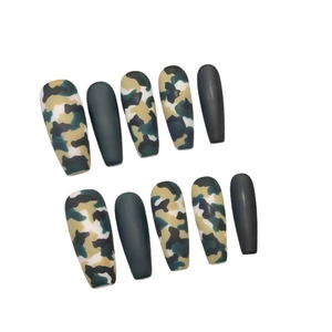 Army green camouflage matte press-on nails set with long trapezoid hand-painted finish
